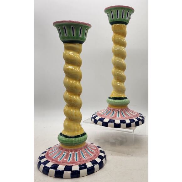 Pair Deruta Italy Pottery Taper Candle Sticks "MY GARDEN" Sharon Prantz 12" Tall